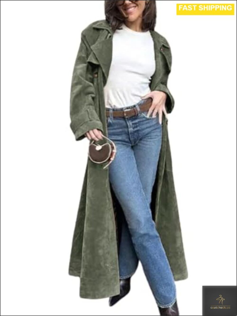 Faux Suede Long Trench Coat Notched Lapel Double Breasted Belted Overcoat